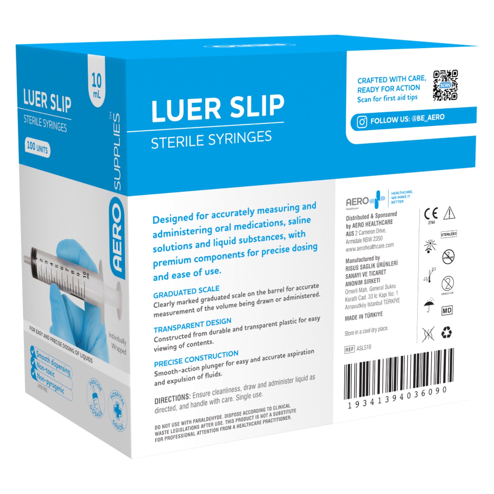 Angled rear view of the AeroSupplies Luer Slip Syringe 10ml Box 100 showing product instructions, manufacturer details and medical device information. The side panel displays the syringe image and individually wrapped presentation while the rear explains graduated measurement and transparent construction.