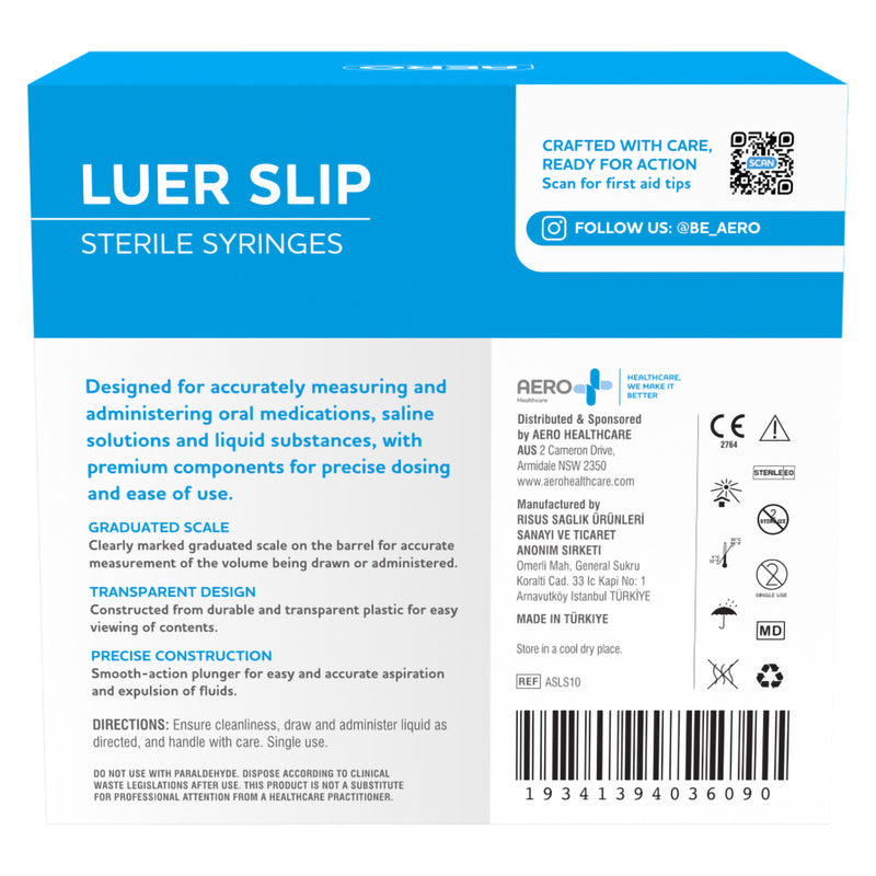 Rear panel of the AeroSupplies 10ml Luer Slip Syringe box showing product information, graduated scale details, transparent design, smooth action plunger guidance, directions, manufacturer information and medical device symbols. The packaging also identifies the product reference as ASLS10.