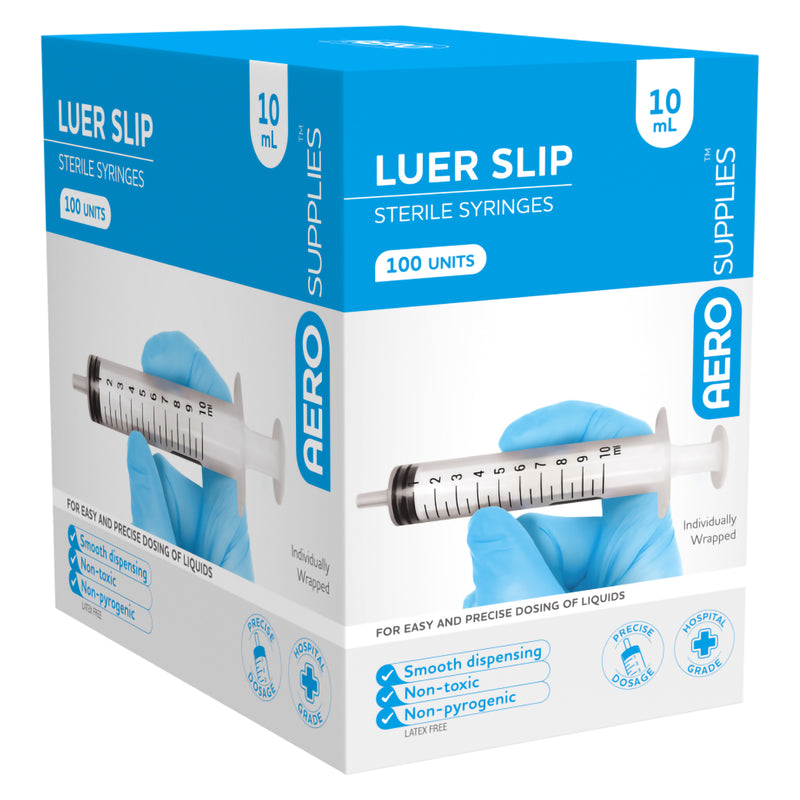 Angled front view of AeroSupplies 10ml Luer Slip Sterile Syringes packaging containing 100 units. The blue and white box prominently displays a transparent graduated syringe alongside messaging for smooth dispensing, non toxic and non pyrogenic construction and latex free materials.