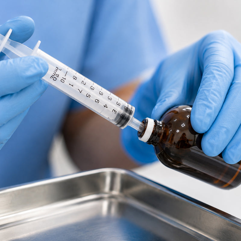 Close clinical view of a gloved healthcare worker drawing liquid from an amber bottle into a transparent AeroSupplies 10ml Luer Slip Syringe. The clearly printed graduated barrel and controlled plunger position demonstrate the syringe design for accurate measurement and aspiration of compatible liquids.