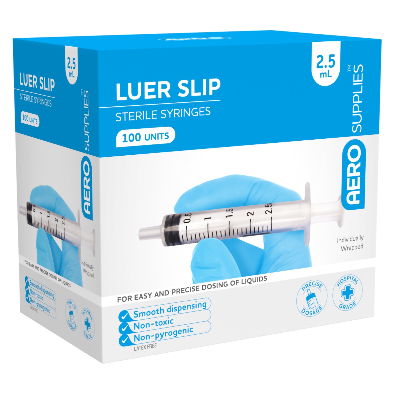 Three quarter front product view of the AeroSupplies 2.5ml Luer Slip Sterile Syringe Box 100 against a white background. Front and side panels clearly show the 2.5ml syringe design, graduated measurement markings, 100 unit quantity and individually wrapped sterile presentation.