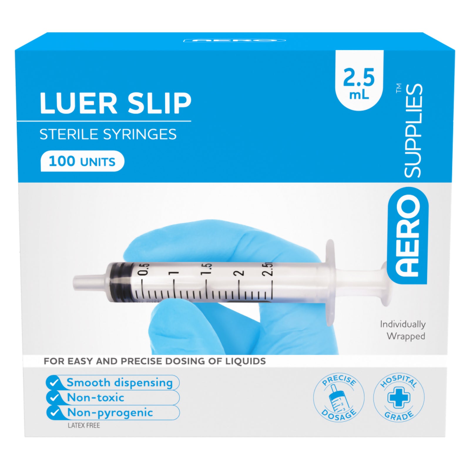 Straight front view of the AeroSupplies Luer Slip Syringe 2.5ml Box 100. The blue and white packaging prominently identifies the 2.5ml capacity and sterile syringe format while displaying the transparent graduated barrel, luer slip tip and individually wrapped presentation.