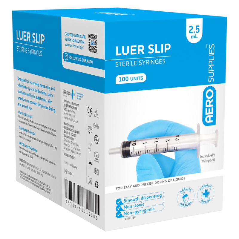 Rear angled product view of the AeroSupplies Luer Slip Syringe 2.5ml Box 100. Front and side packaging panels display the syringe, 2.5ml capacity, 100 unit quantity, individually wrapped presentation and product information for precise measurement and smooth dispensing of liquids.