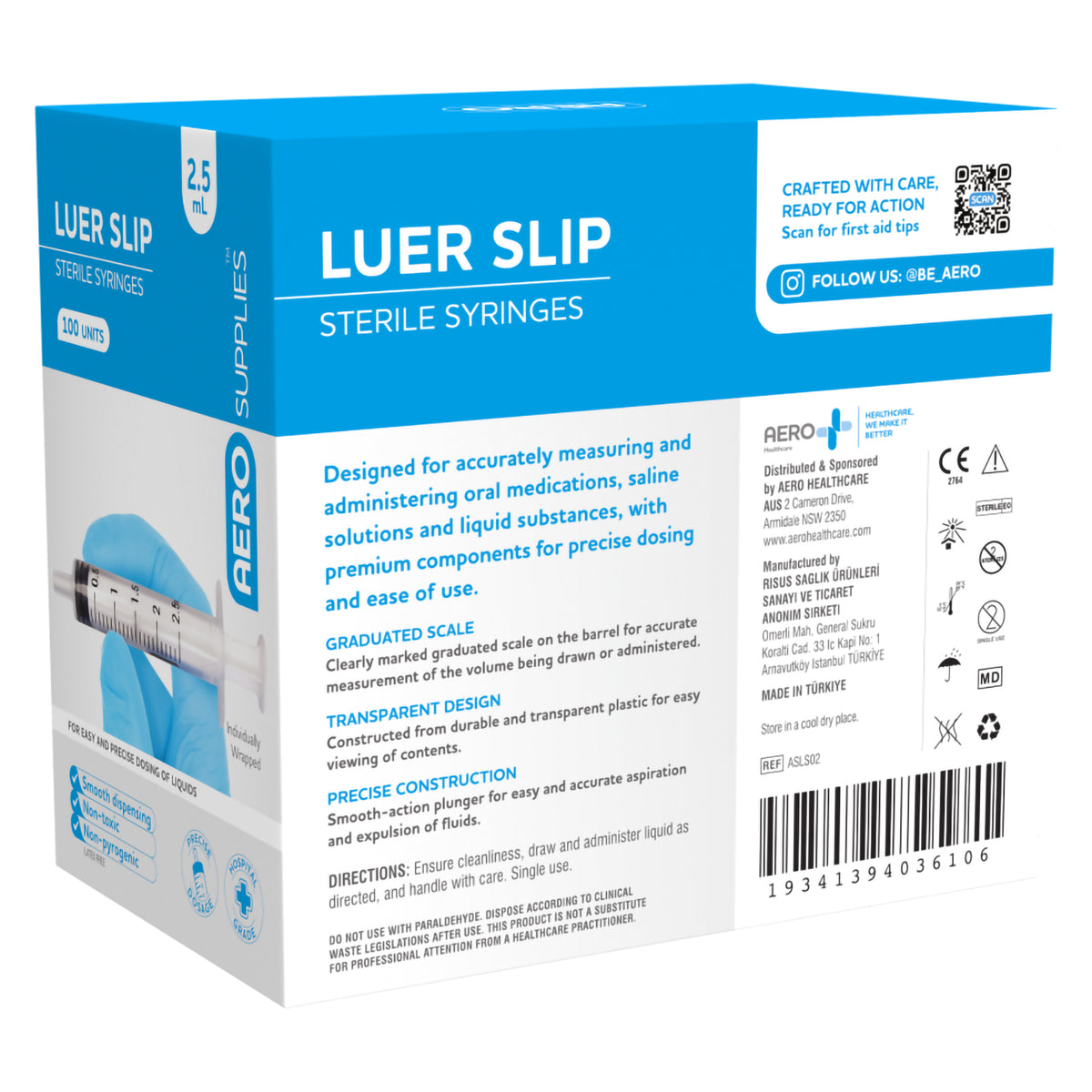 Three quarter rear view of the AeroSupplies Luer Slip Sterile Syringe 2.5ml Box 100 showing detailed product instructions and manufacturer information. The packaging explains the graduated scale, transparent construction and smooth action plunger while the side panel displays the syringe presentation.