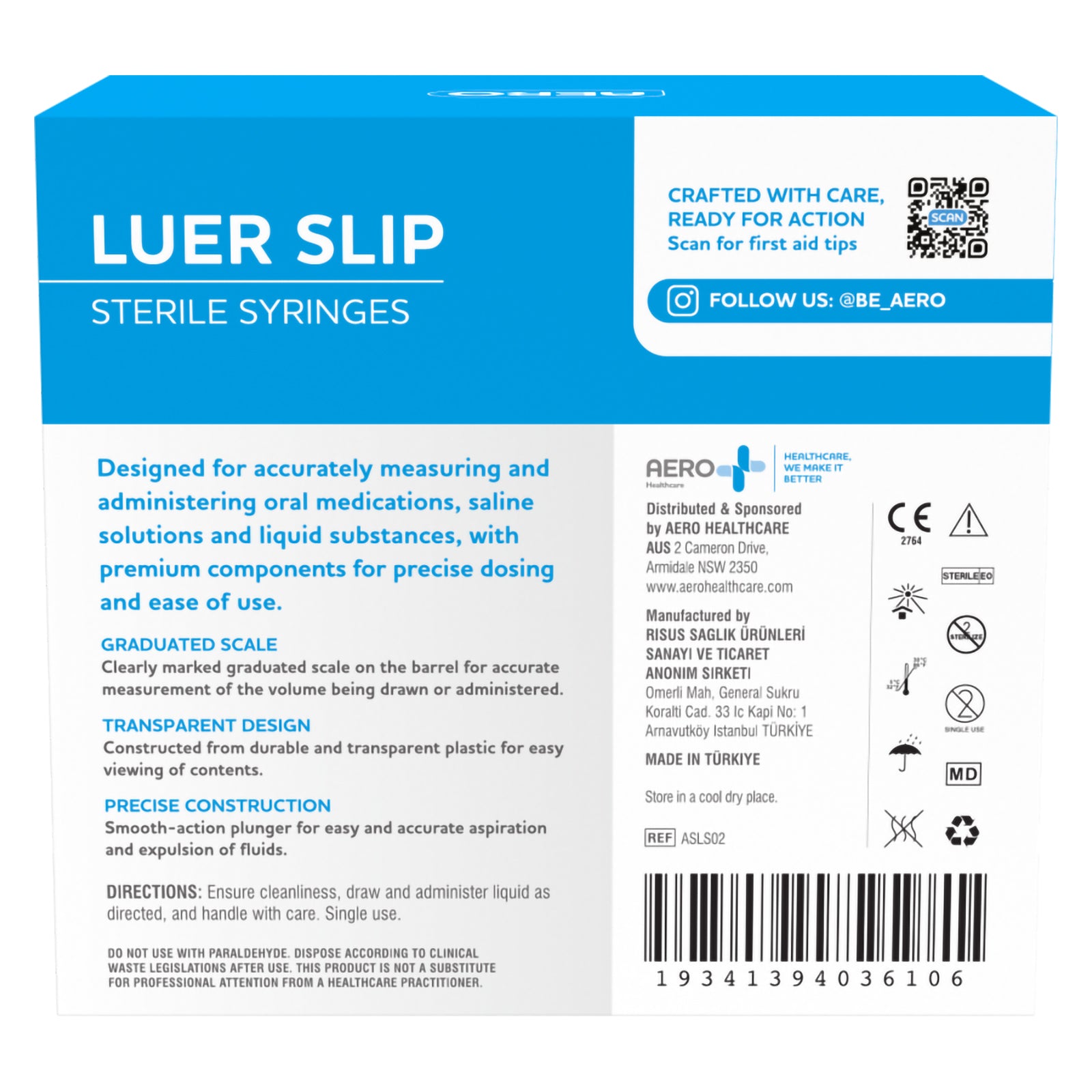 Rear view of the AeroSupplies 2.5ml Luer Slip Syringe packaging showing directions, graduated scale information, transparent barrel details and smooth plunger construction. Manufacturer information, medical device symbols, storage guidance and product reference ASLS02 are also visible.