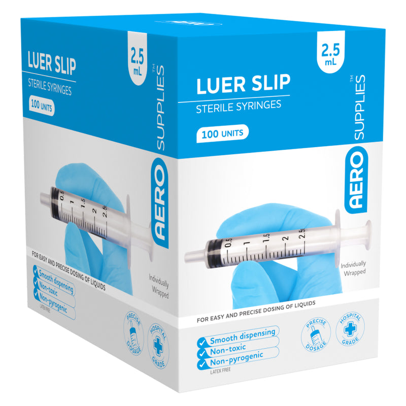 Angled front view of AeroSupplies 2.5ml Luer Slip Sterile Syringes packaging. The box contains 100 units and prominently shows the compact graduated syringe, individually wrapped format and key product information including smooth dispensing, non toxic, non pyrogenic and latex free construction.