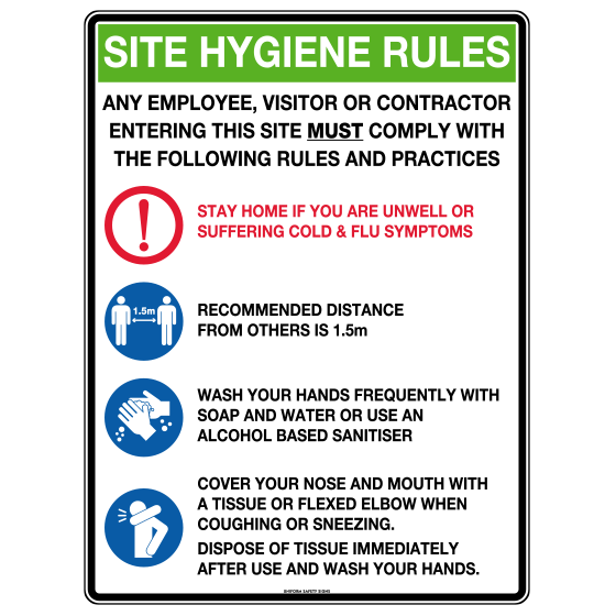 AeroSupplies Poly Site Hygiene Rules Sign 30x22.5cm workplace hygiene compliance sign