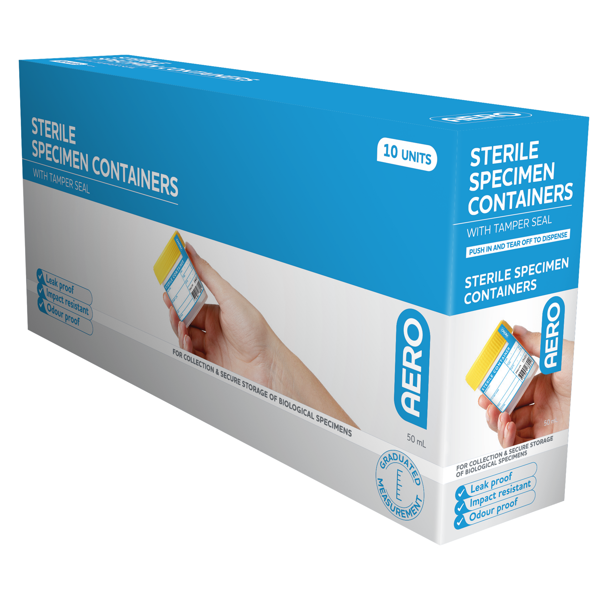 AeroSupplies Sterile Specimen Jar 50mL Box 10 individually sterile screw-cap specimen containers