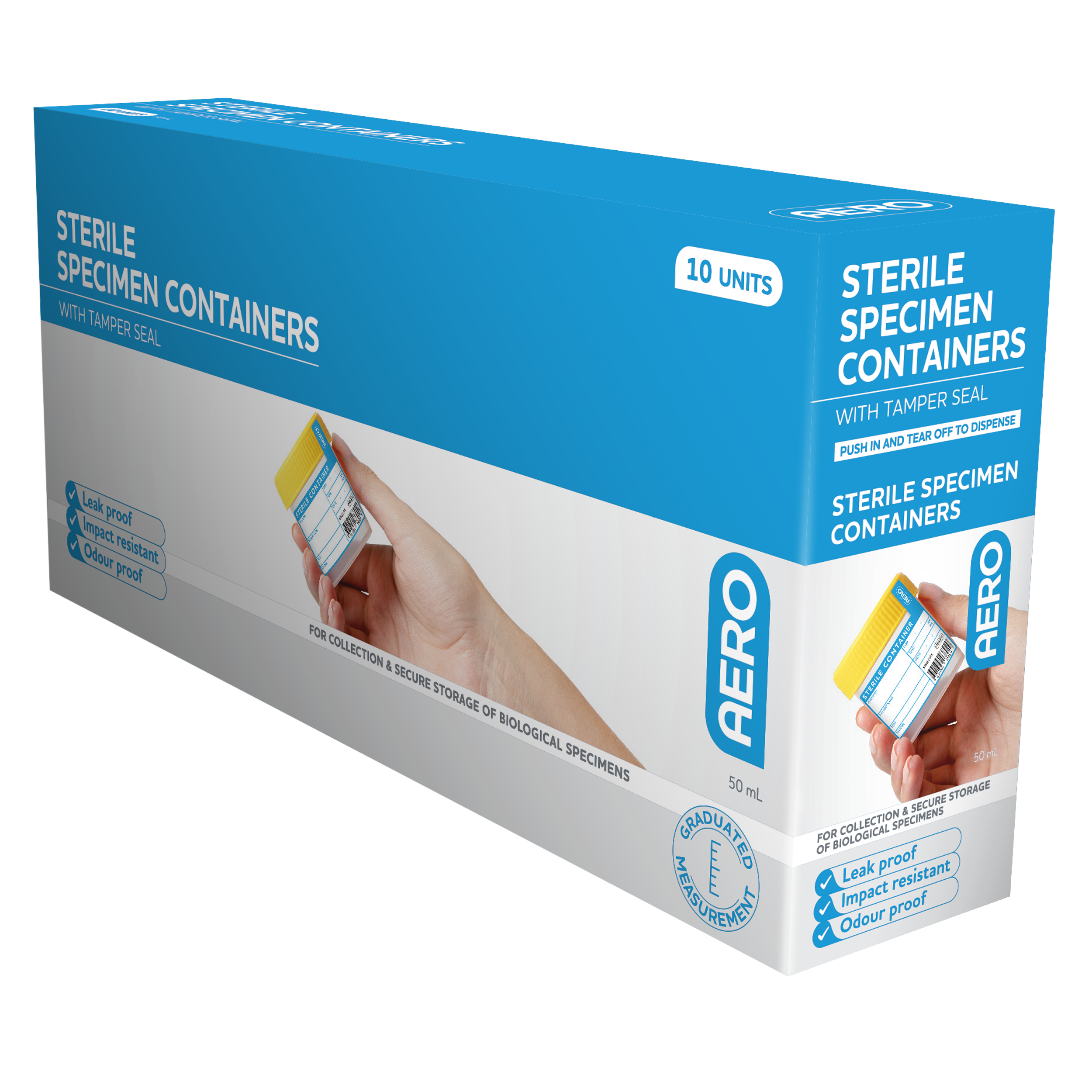 AeroSupplies Sterile Specimen Jar 50mL Box 10 individually sterile screw-cap specimen containers