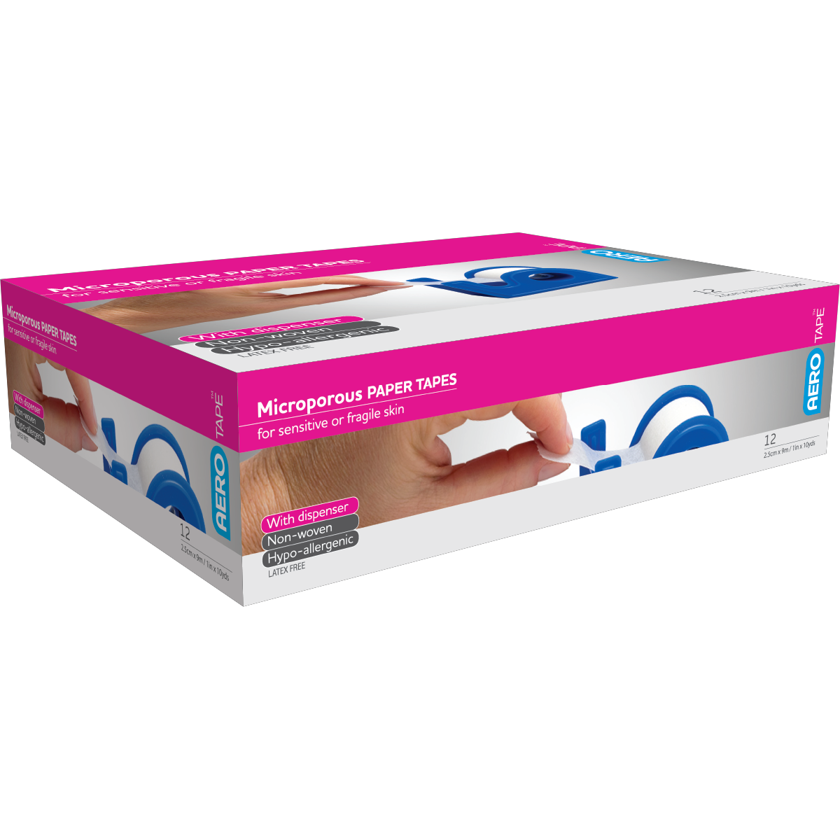 AeroTape White Microporous Paper Tape with Dispenser 2.5cm x 5m tape roll with built-in dispenser for one-hand tape cutting