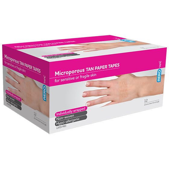 AeroTape Tan Microporous Paper Tape 2.5cm x 5M Box 12 skin-toned breathable tape for discreet dressing fixation