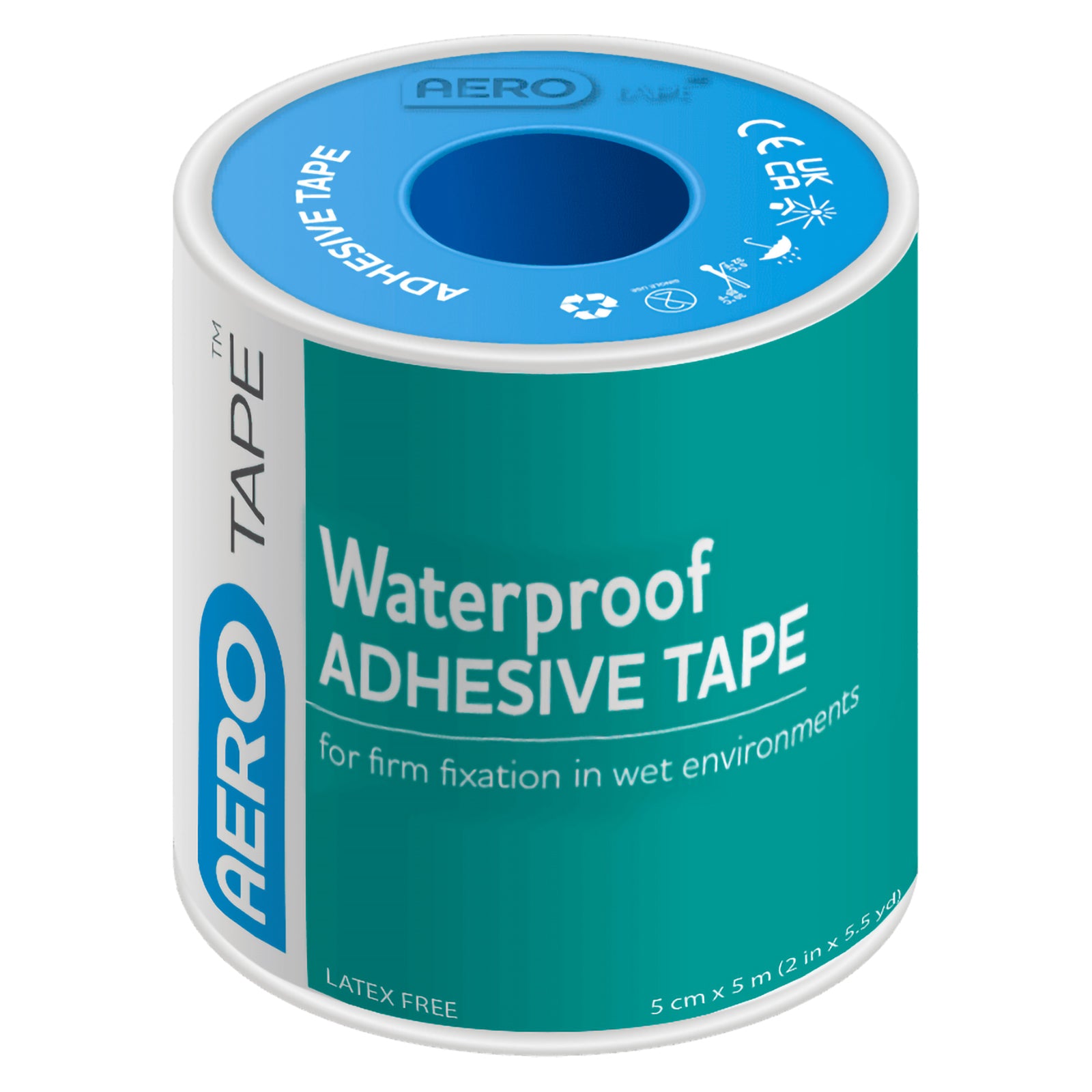 Close product view of the AeroTape Waterproof Adhesive Tape roll with teal and blue packaging. The label identifies the tape as waterproof adhesive tape for firm fixation in wet environments, with a 5cm x 5m roll size and latex free construction clearly displayed.