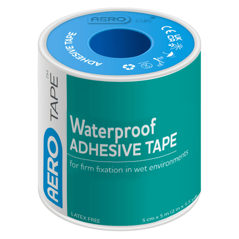 Close product view of the AeroTape Waterproof Adhesive Tape roll with teal and blue packaging. The label identifies the tape as waterproof adhesive tape for firm fixation in wet environments, with a 5cm x 5m roll size and latex free construction clearly displayed.