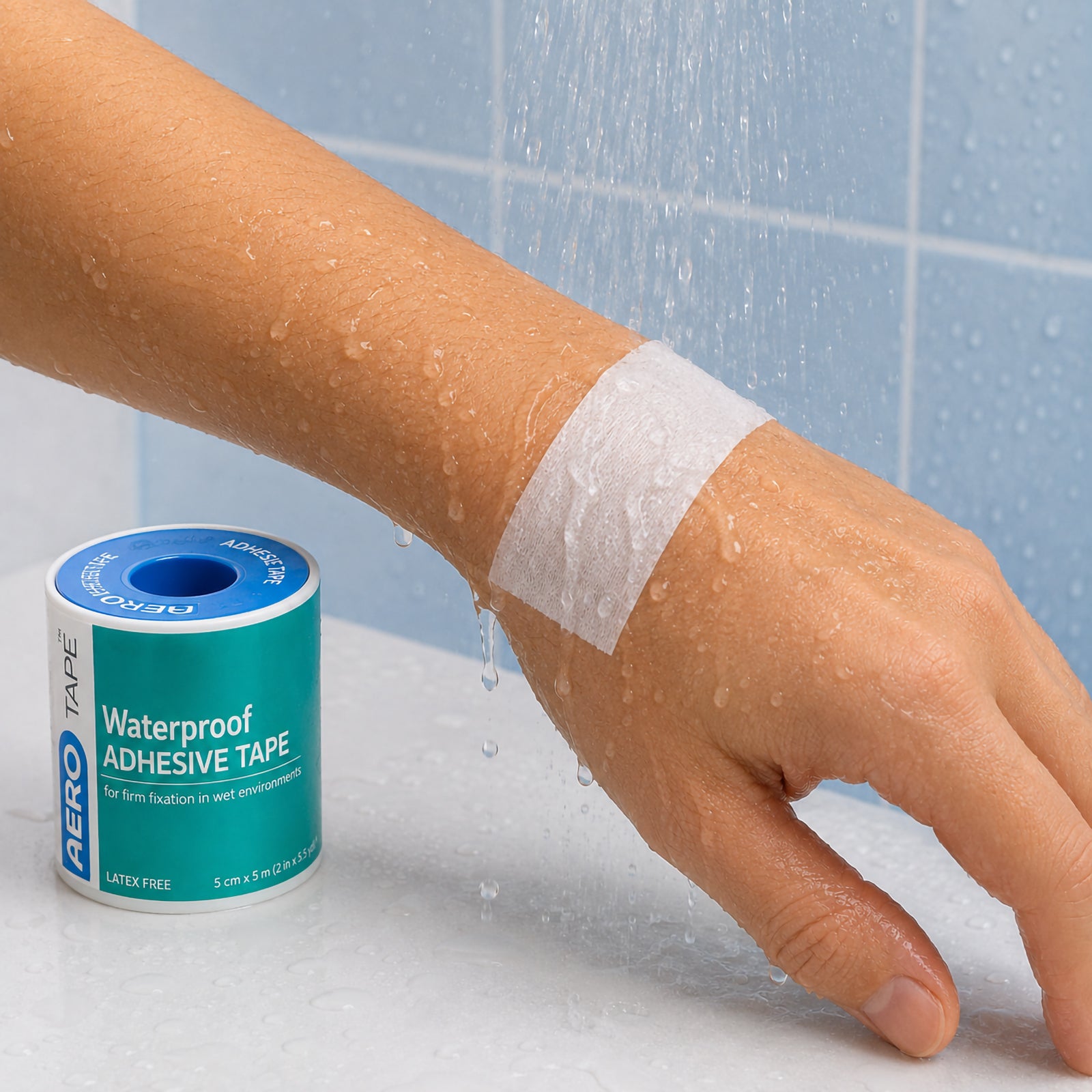 White AeroTape Waterproof Adhesive Tape securing a dressing around a wrist while the arm is exposed to running water. The 5cm x 5m roll is displayed beside the hand, demonstrating the tape's suitability for firm fixation in wet and moisture exposed environments.
