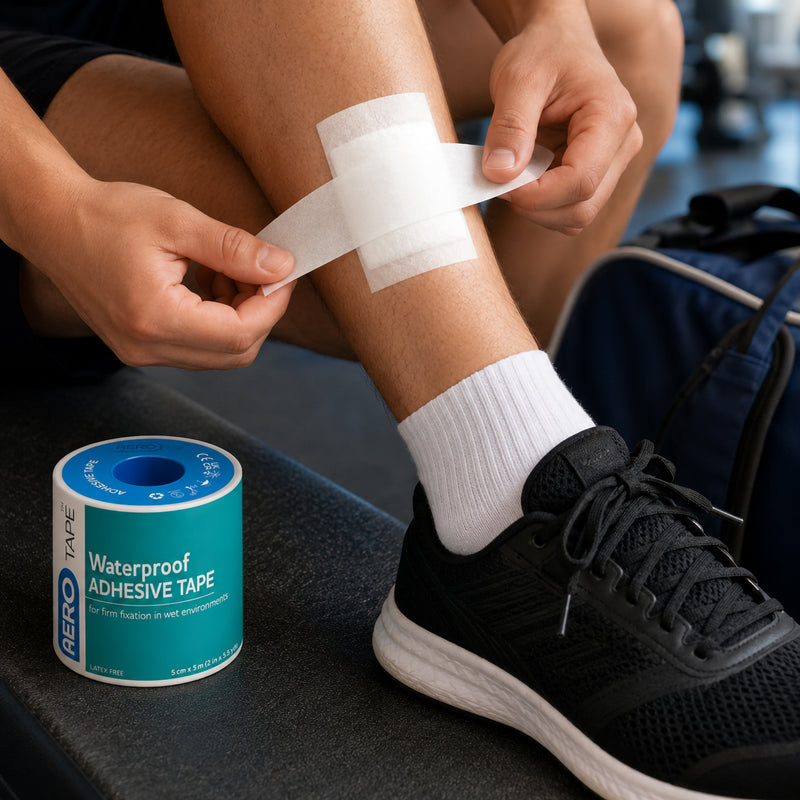 AeroTape Waterproof Adhesive Tape being applied over a white dressing on the lower leg of an active person wearing a sports shoe. The 5cm x 5m tape roll is positioned nearby, illustrating practical dressing fixation for sporting, active and first aid environments where secure adhesion is important.