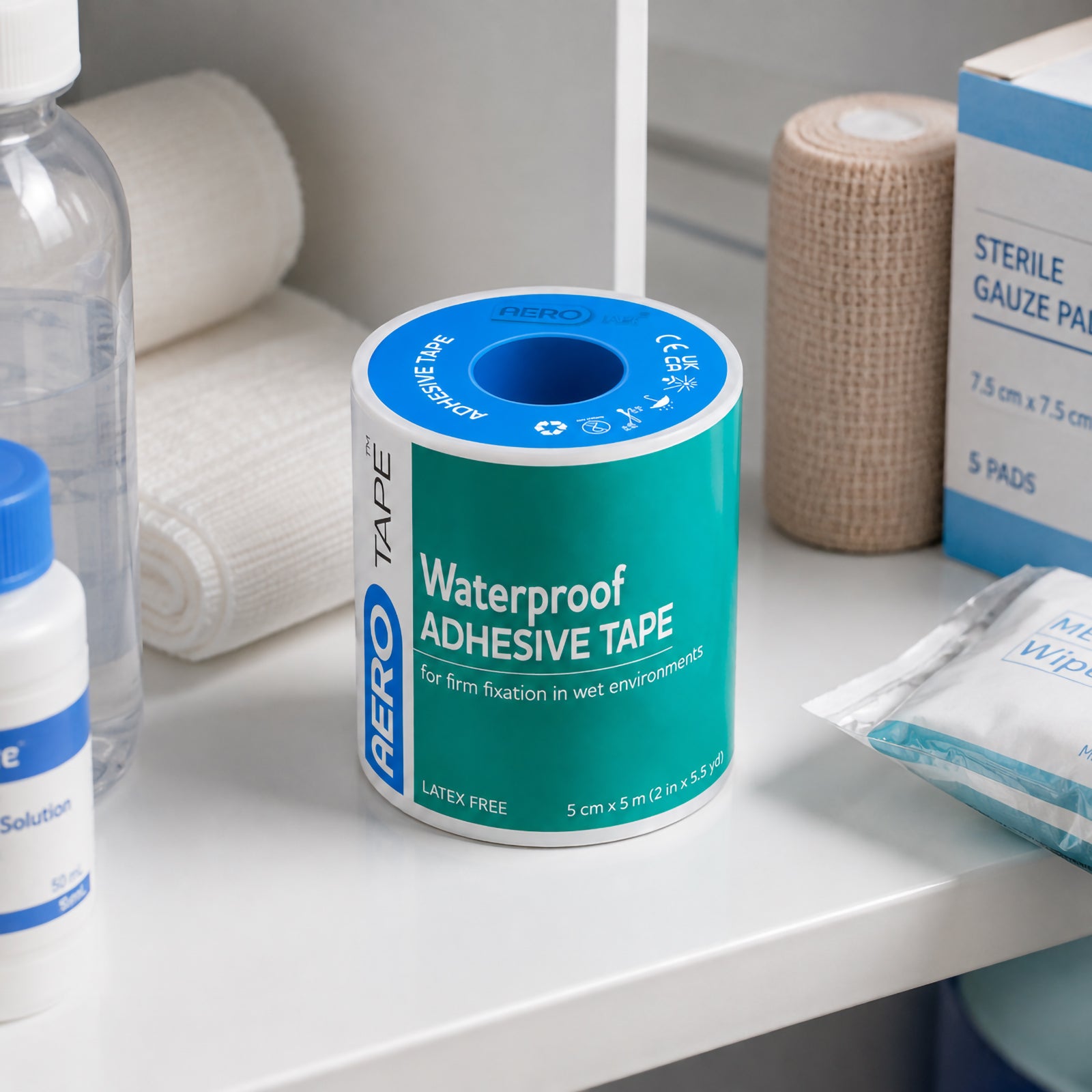 AeroTape Waterproof Adhesive Tape 5cm x 5m roll stored with common first aid supplies including gauze, bandages and wound care products. The image demonstrates how the latex free waterproof tape can be kept ready in first aid rooms, healthcare storage areas and emergency response supplies.