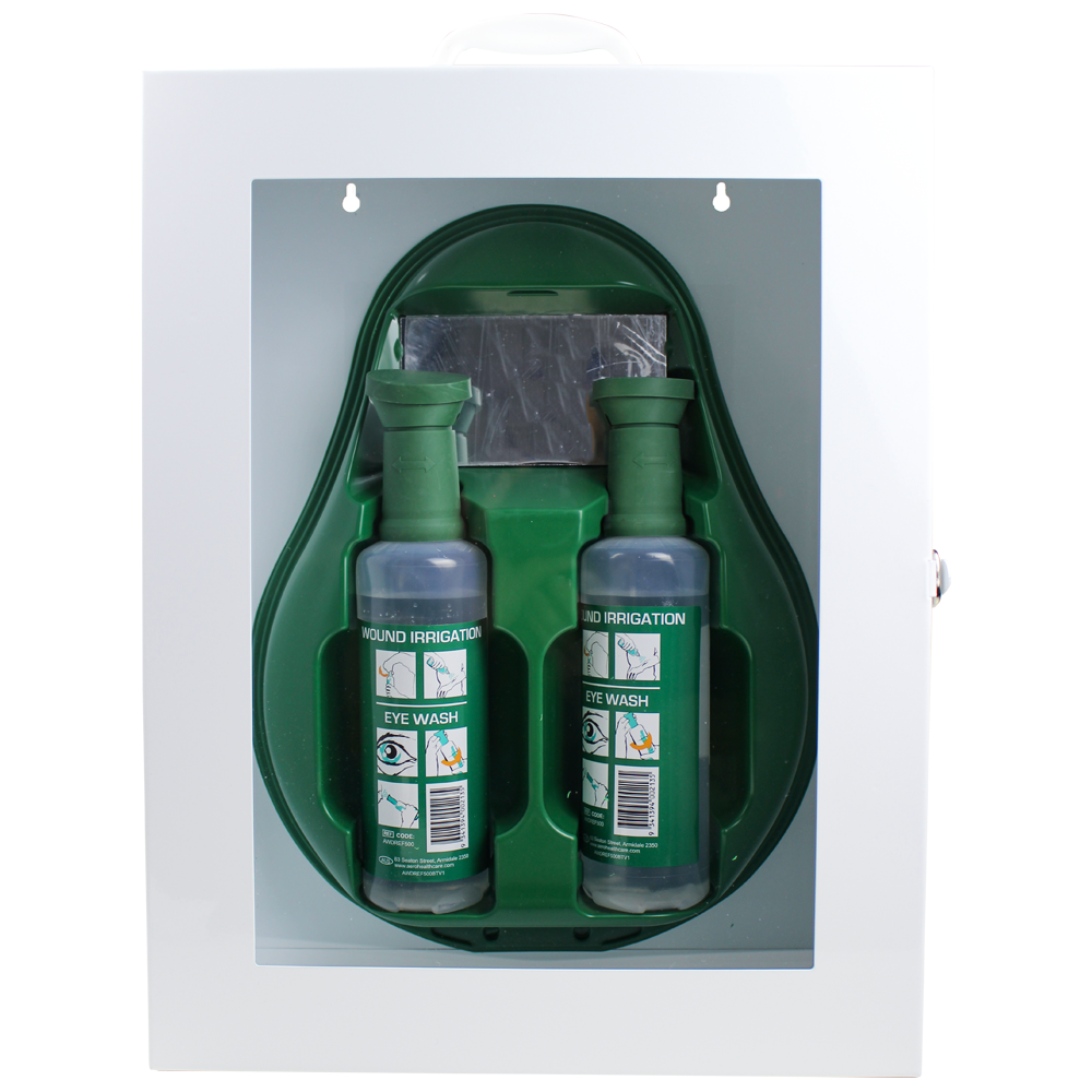 AeroWash Drop Eyewash Station in Metal Cabinet with Perspex Front wall-mounted eyewash station for emergency eye decontamination