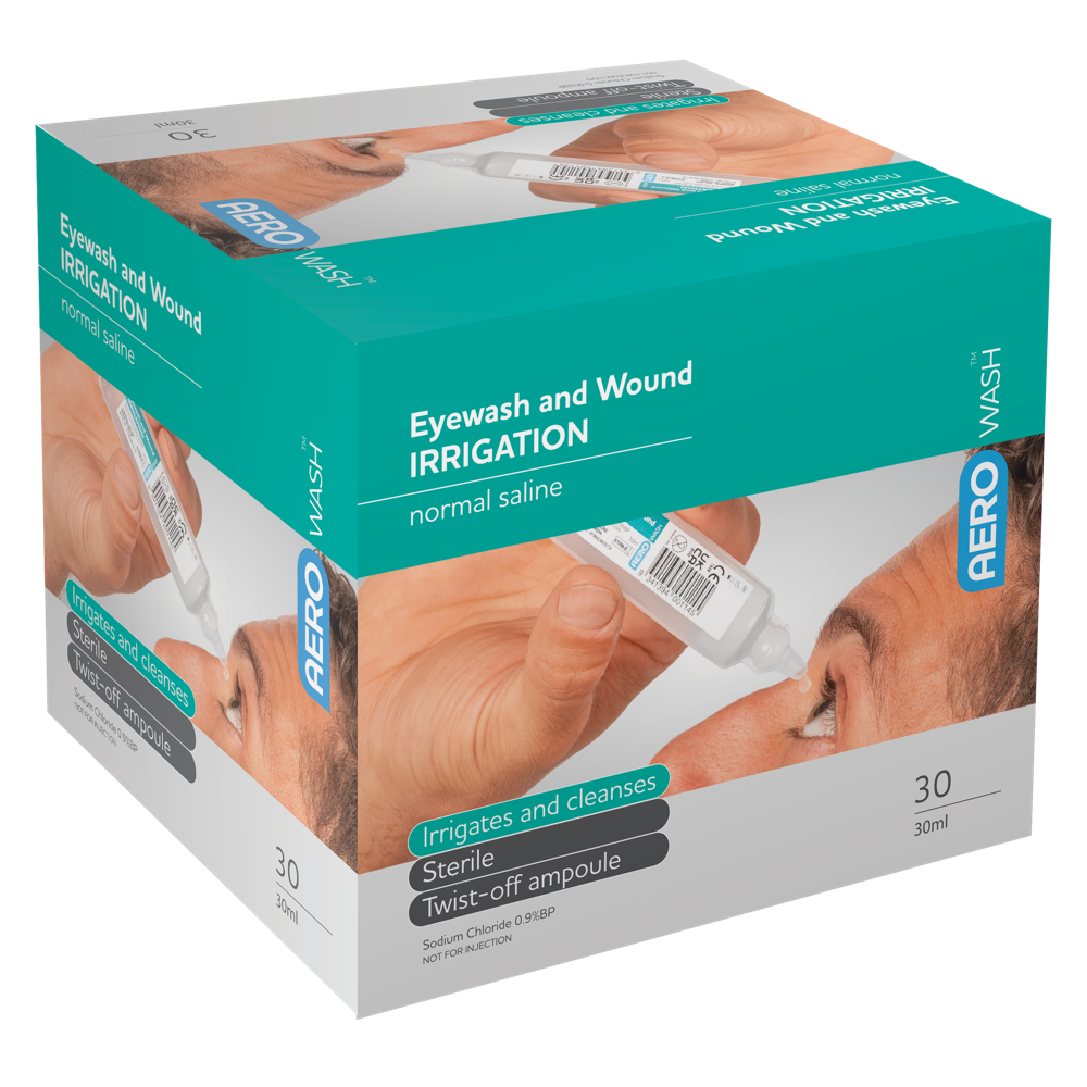 AeroWash Sodium Chloride Eyewash Ampoule 30mL box of 30 sterile saline eyewash