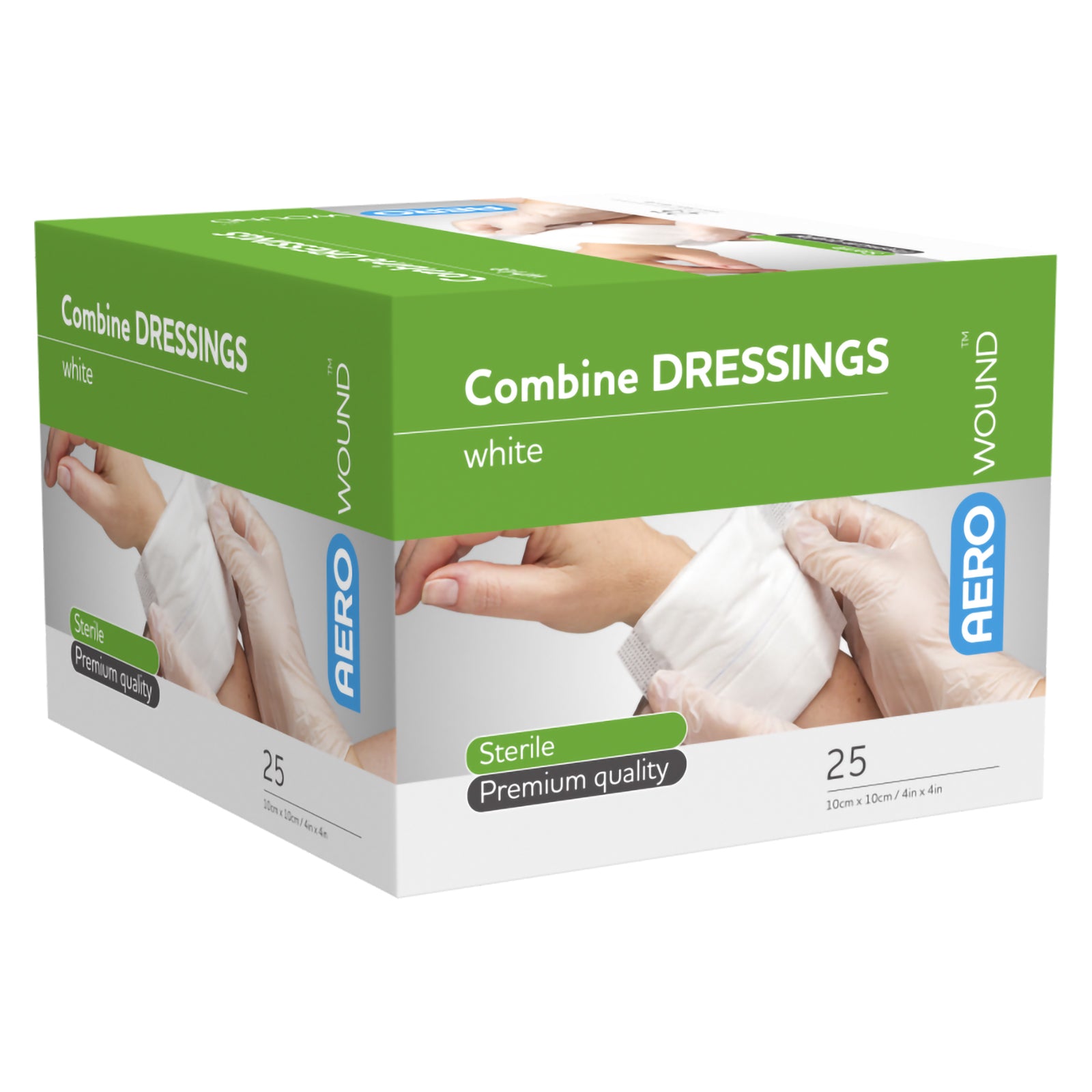 Three quarter product view of the AeroWound Combine Dressings box featuring clear Aero branding and wound dressing imagery. The carton presents the sterile white combine dressing range in a 10 x 10cm size with 25 dressings per box, suitable for organised storage in medical, clinical and workplace first aid environments.