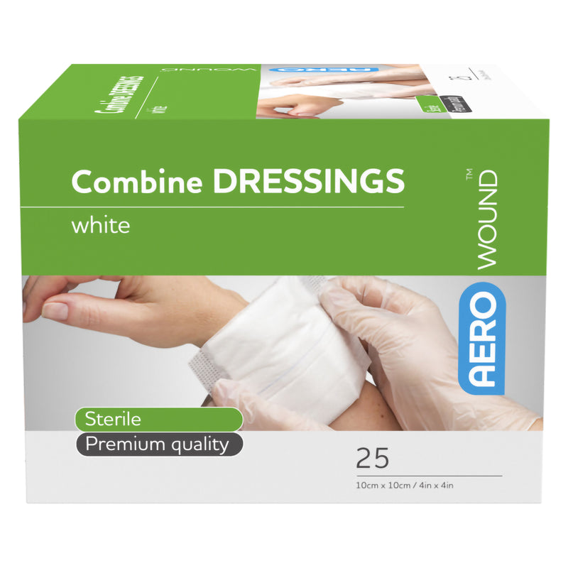 Front packaging view of AeroWound Combine Dressings showing the green and white carton design and an image of a dressing being applied. The box clearly identifies the sterile dressing format, premium quality positioning, 25 piece quantity and 10 x 10cm dimensions for quick selection in healthcare and first aid supplies.