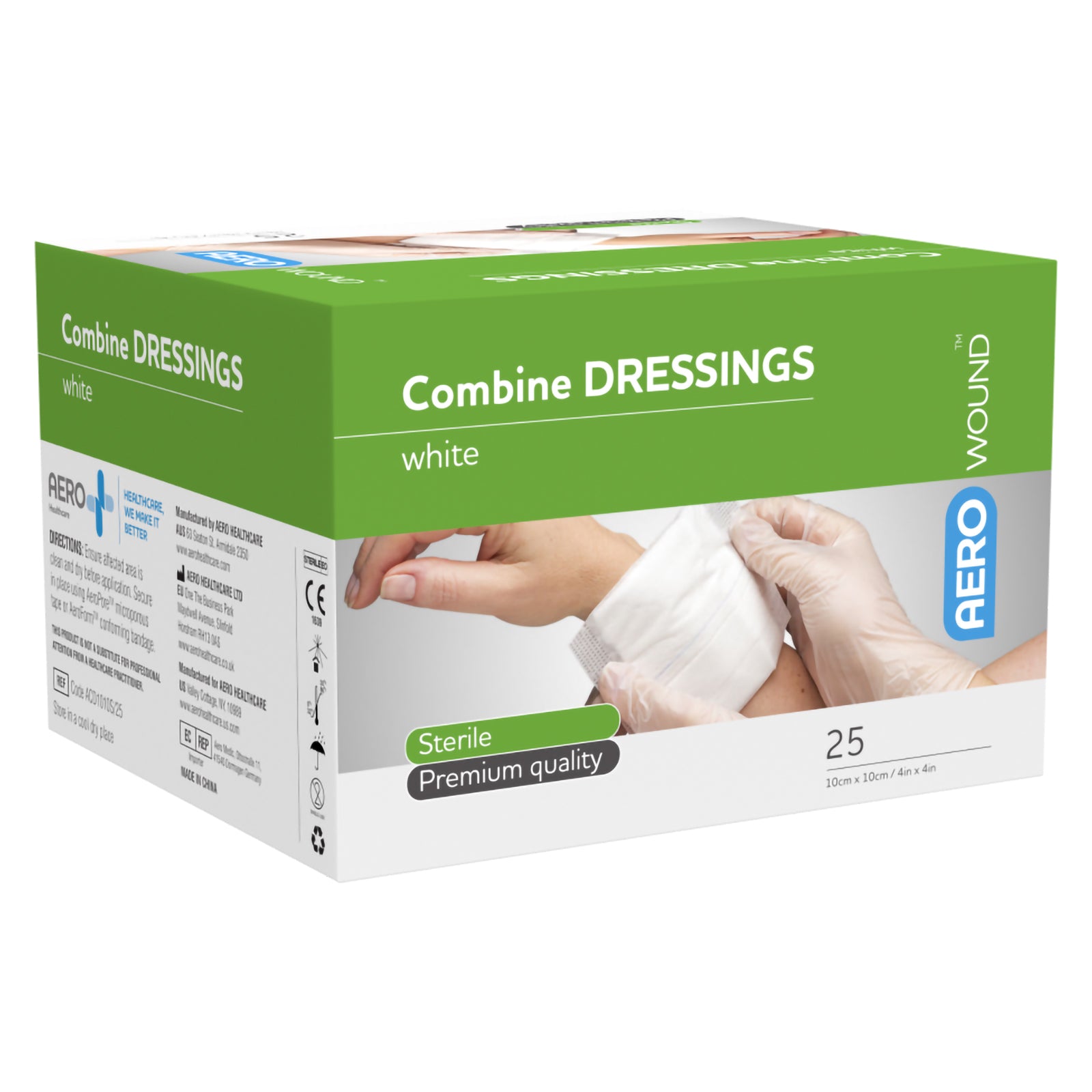 Rear angled product view of the AeroWound Combine Dressings retail box on a white background. Green and white packaging clearly displays the AeroWound branding, sterile premium quality identification, pack quantity of 25 and 10 x 10cm dressing dimensions for straightforward product recognition.