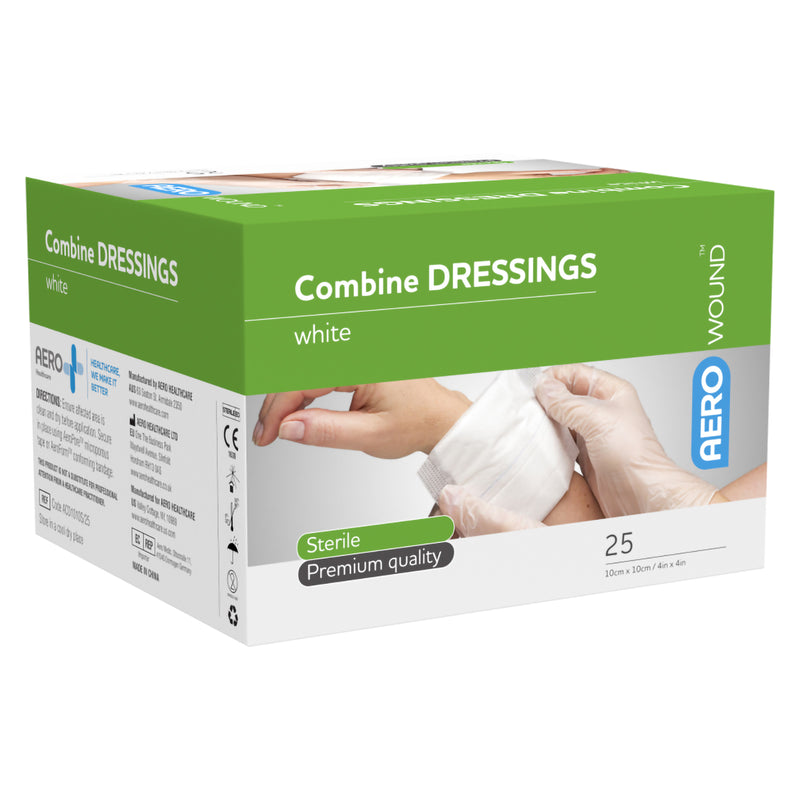Rear angled product view of the AeroWound Combine Dressings retail box on a white background. Green and white packaging clearly displays the AeroWound branding, sterile premium quality identification, pack quantity of 25 and 10 x 10cm dressing dimensions for straightforward product recognition.