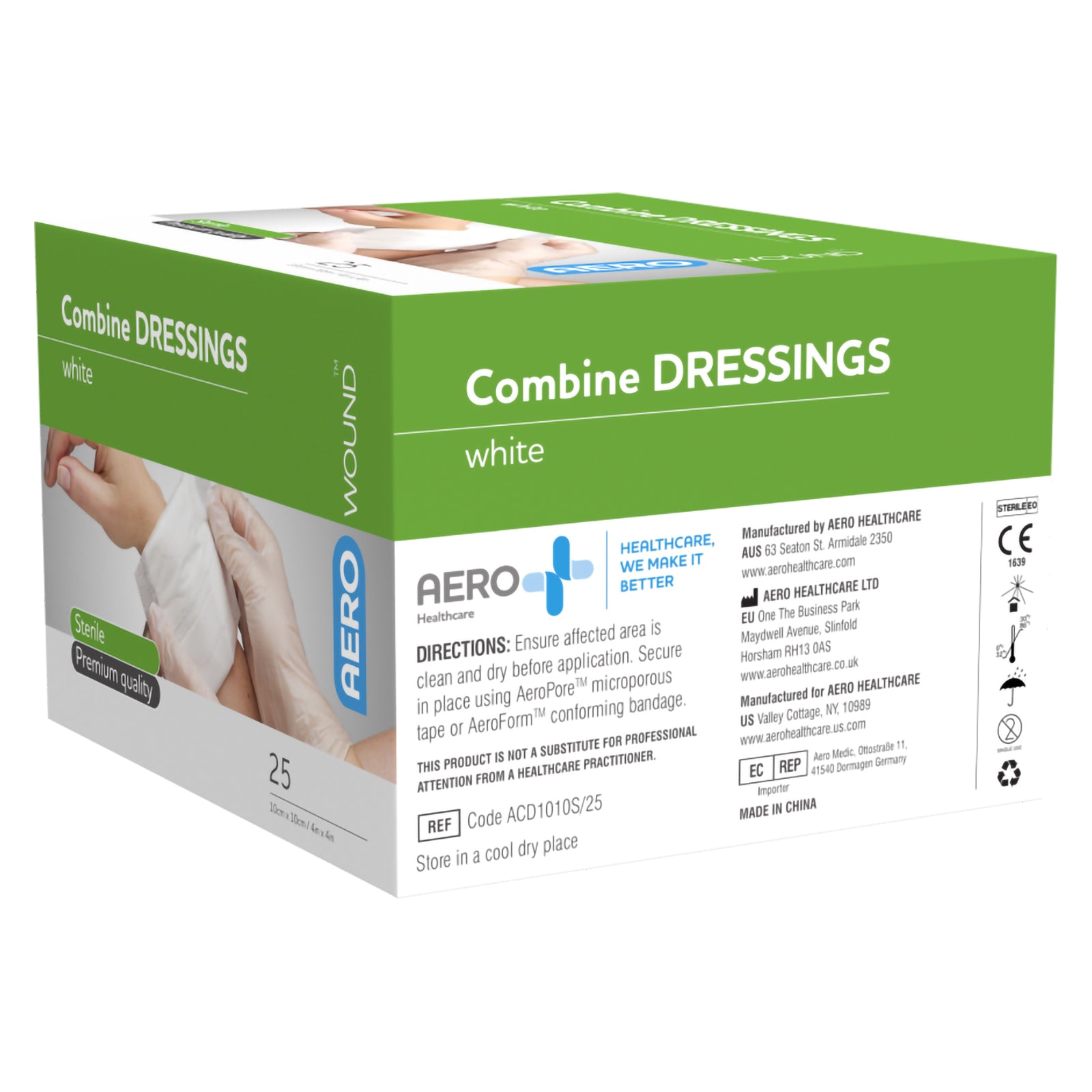 Rear angled view of the AeroWound Combine Dressings packaging showing the green product branding and detailed information panel. The box contains 25 sterile white combine dressings measuring 10 x 10cm and includes application, storage and manufacturer information for healthcare and first aid users.