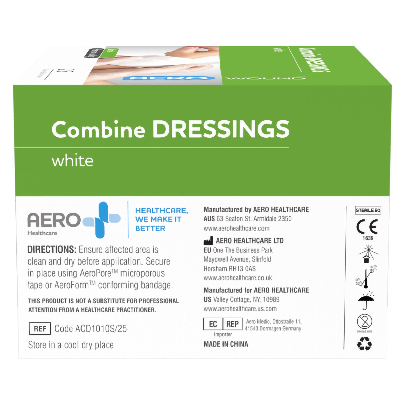 Rear panel view of the AeroWound Combine Dressings box showing product directions, manufacturer information, storage guidance and reference code ACD1010S/25. The packaging advises cleaning and drying the affected area before application and securing the dressing with suitable microporous tape or a conforming bandage.