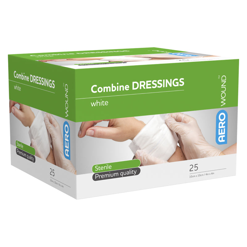 Alternative front angled view of the AeroWound Combine Dressings box against a clean white background. The packaging prominently identifies sterile premium quality combine dressings, with the Aero Healthcare branding, white dressing colour, 10 x 10cm dimensions and convenient box quantity of 25.