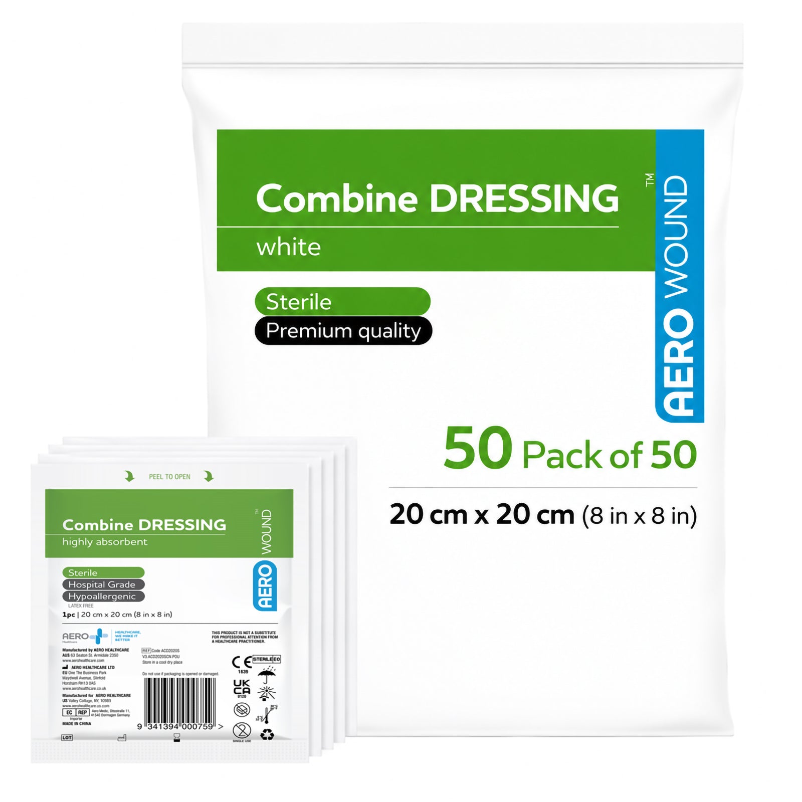 AeroWound Combine Dressing 20 x 20cm bulk bag containing 50 individually packaged sterile dressings. The large white bag displays AeroWound branding, the 50 pack quantity and 20 x 20cm dimensions, while several individual sterile pouches are pictured in front to demonstrate the convenient bulk supply format.
