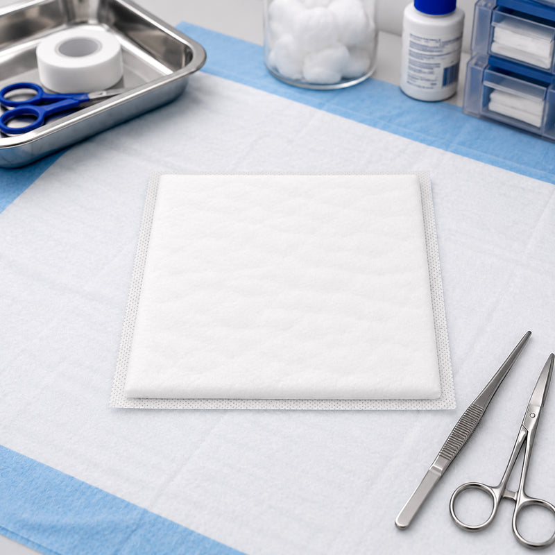 AeroWound 20 x 20cm Combine Dressing displayed flat on a prepared clinical treatment surface beside forceps, scissors, tape, cotton wool and other wound care supplies. The large white absorbent pad and soft outer construction are clearly visible, highlighting the broad square format designed to provide comfortable coverage across larger treatment areas.
