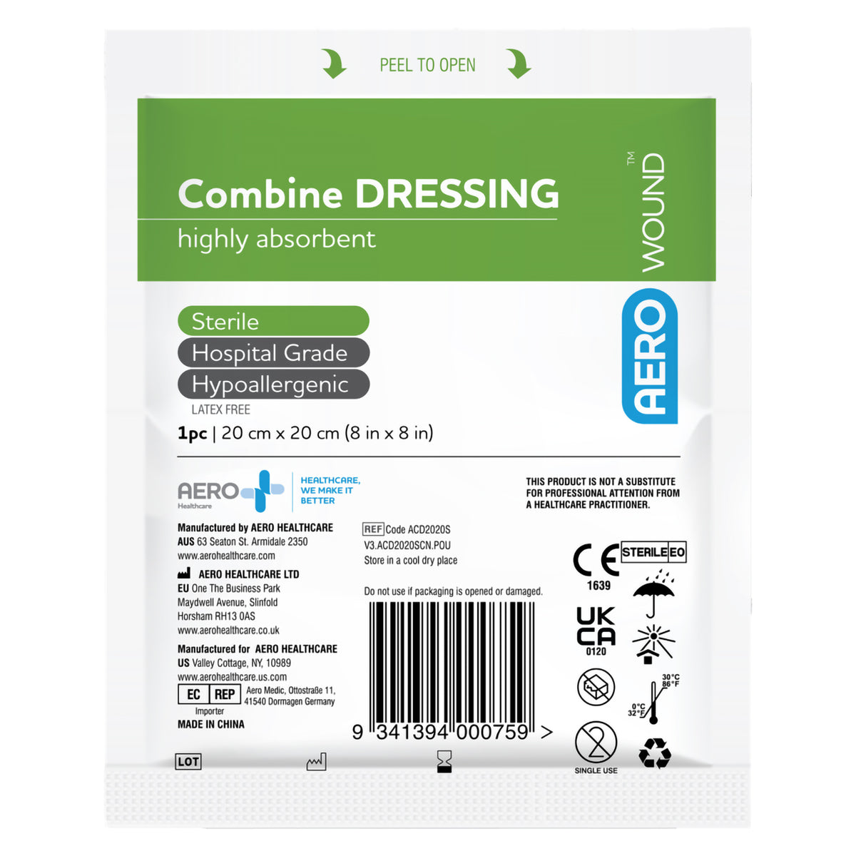 Front view of the sterile AeroWound Combine Dressing individual pouch showing the 20 x 20cm size, highly absorbent construction, hospital grade designation, hypoallergenic properties and latex free identification. Manufacturer details, storage guidance, single use symbols and sterile product markings are clearly presented on the professional wound care packaging.