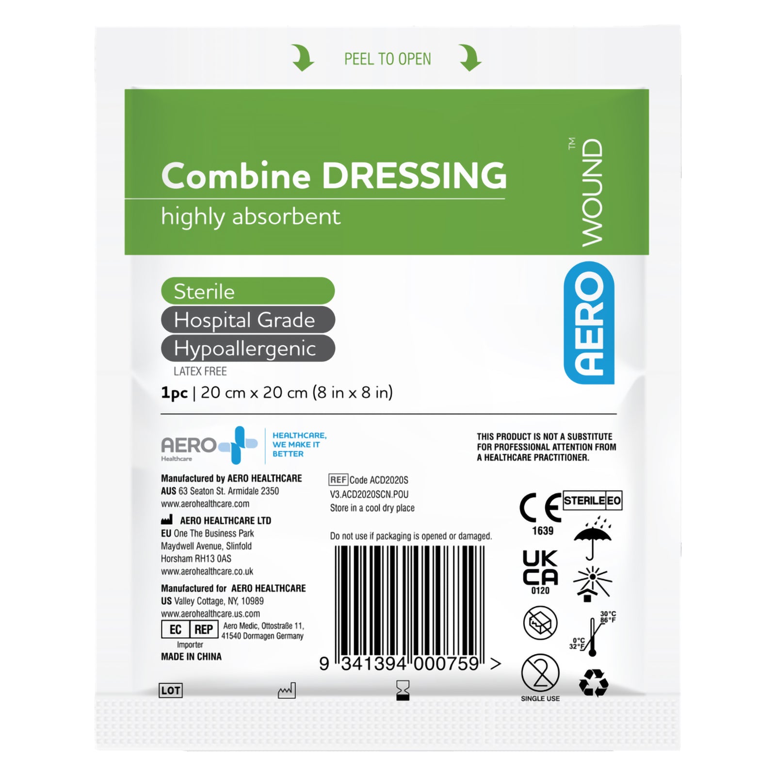 Front view of the sterile AeroWound Combine Dressing individual pouch showing the 20 x 20cm size, highly absorbent construction, hospital grade designation, hypoallergenic properties and latex free identification. Manufacturer details, storage guidance, single use symbols and sterile product markings are clearly presented on the professional wound care packaging.