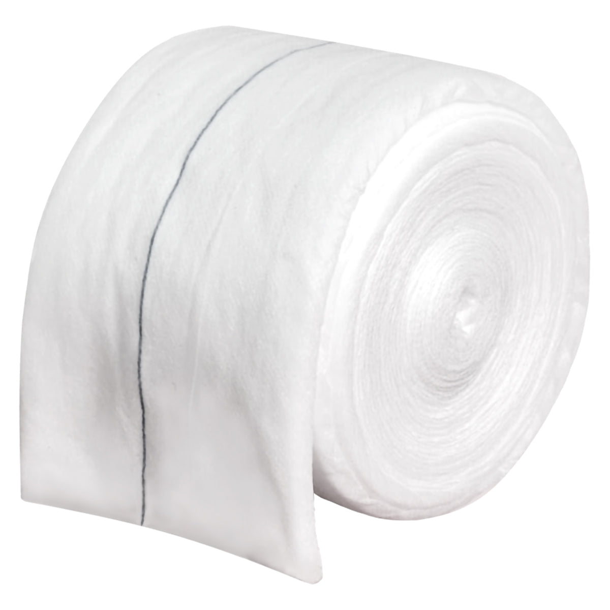 Angled product view of the AeroWound Combine Dressing Roll partially unwound against a white background. The image highlights the layered roll construction, soft white surface and guide line, providing a clear view of the flexible material intended for customised wound padding and absorbent coverage.