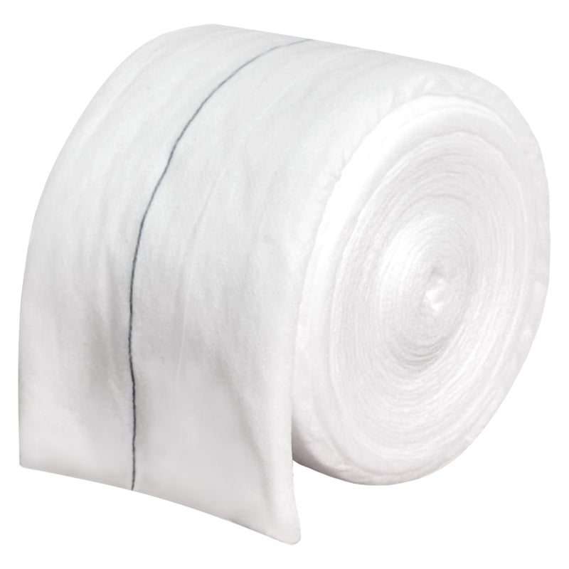 Angled product view of the AeroWound Combine Dressing Roll partially unwound against a white background. The image highlights the layered roll construction, soft white surface and guide line, providing a clear view of the flexible material intended for customised wound padding and absorbent coverage.