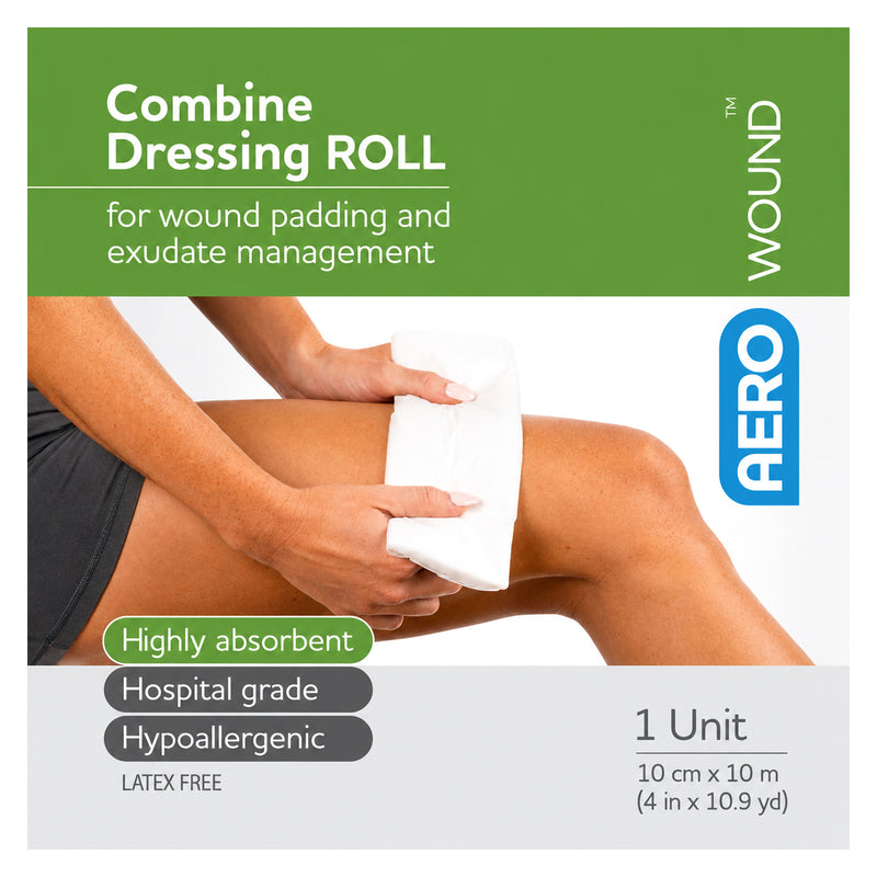 AeroWound Combine Dressing Roll product graphic showing the dressing being positioned against a knee. The packaging style image identifies the product as highly absorbent, hospital grade, hypoallergenic and latex free, with one 10cm x 10m roll supplied for wound padding and exudate management.