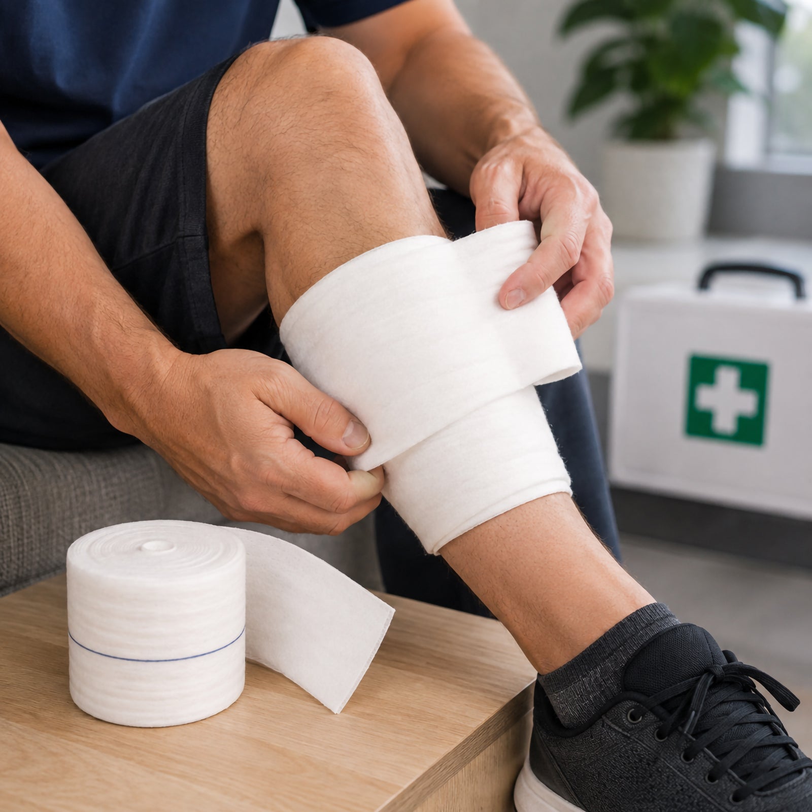 Person applying a wide white AeroWound Combine Dressing Roll around the lower leg near the knee in a first aid setting. The soft dressing material wraps comfortably around the limb while a roll of unused material sits nearby, demonstrating the flexible 10cm width and suitability for customised wound padding and absorbent coverage.