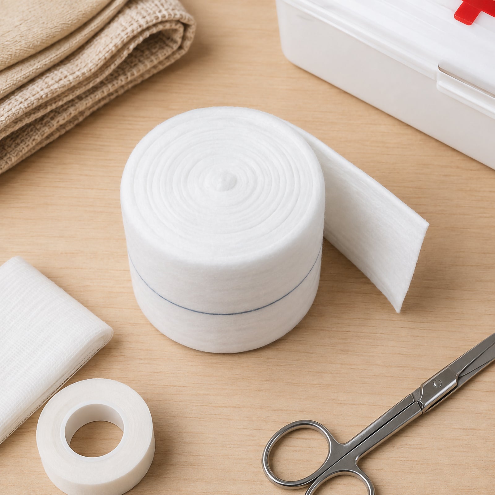 AeroWound Combine Dressing Roll displayed with wound care supplies including fixation tape, scissors and additional dressing material. The white continuous roll is partially unwound to show its soft padded construction and practical 10cm width, highlighting a flexible format that can be cut to suit different treatment requirements.