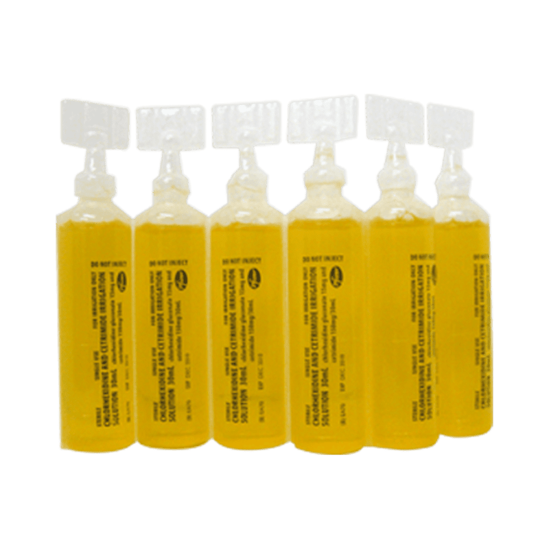 Six clear plastic ampoules of yellow chlorhexidine and cetrimide solution, 30mL each, standing in a row