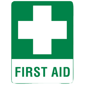 Green and white metal sign with a large white cross, printed FIRST AID, in the larger size
