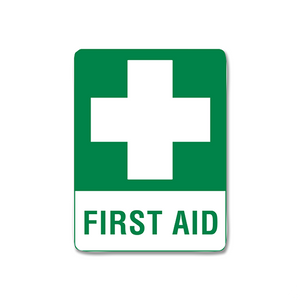 Green and white portrait metal sign with a large white cross, printed FIRST AID