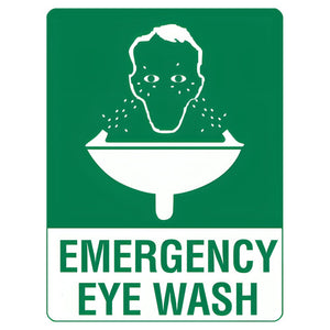 Green and white sign printed emergency eye wash, with a pictogram of water spraying into a person's eyes over a basin