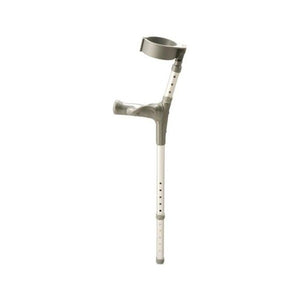 Grey adjustable elbow crutch with a moulded forearm cuff, a hand grip and a row of height adjustment holes