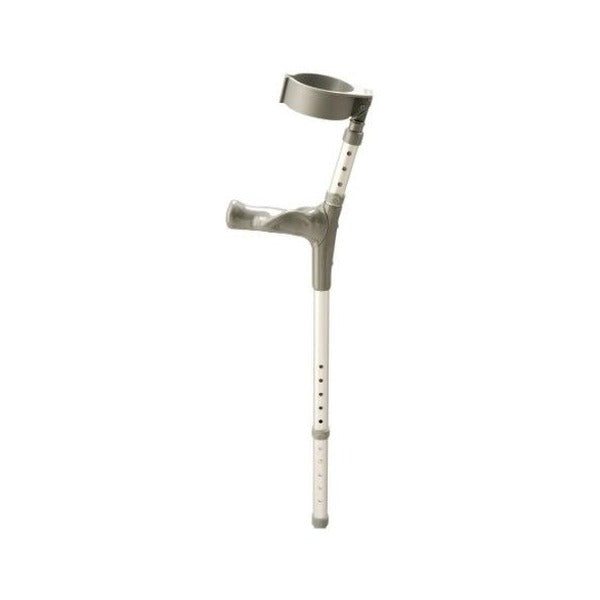 Grey adjustable elbow crutch with a moulded forearm cuff, a hand grip and a row of height adjustment holes