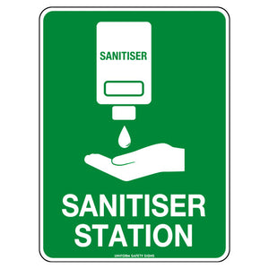 Green and white sign printed sanitiser station, with a pictogram of a pump bottle dispensing onto a hand