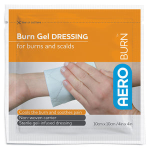 Orange AEROBURN sachet printed burn gel dressing for burns and scalds, listing cools the burn and soothes pain, non-woven carrier and sterile gel infused dressing, marked 10cm x 10cm