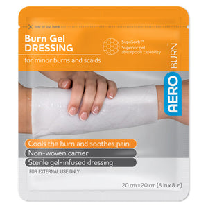 Orange AEROBURN sachet printed burn gel dressing for minor burns and scalds, listing cools the burn and soothes pain, non-woven carrier and sterile gel infused dressing, marked 20cm x 20cm