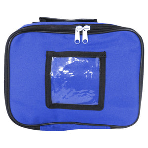 Medium blue fabric first aid bag with a clear identification window on the front and twin zip pulls