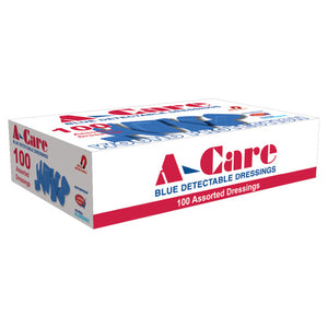 Red, white and blue A-Care box printed blue detectable dressings, marked 100 assorted dressings