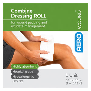 Green and white AEROWOUND carton printed Combine Dressing Roll for wound padding and exudate management, highly absorbent, hospital grade and hypoallergenic, marked 1 unit